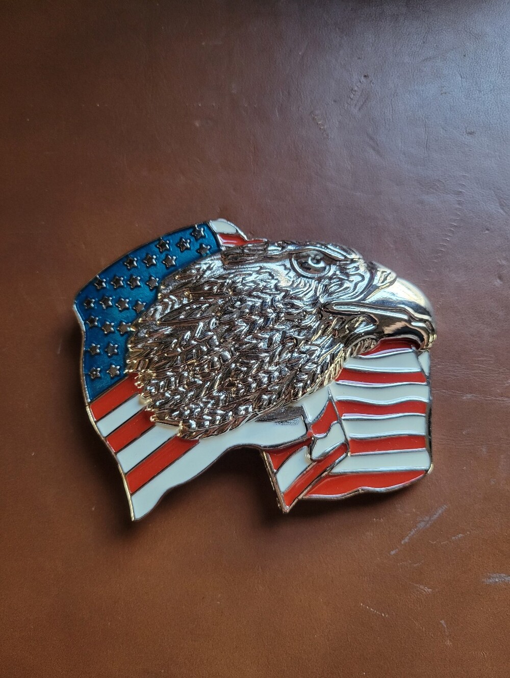 American Flag Eagle Belt Buckle: Silver Tone Enamel